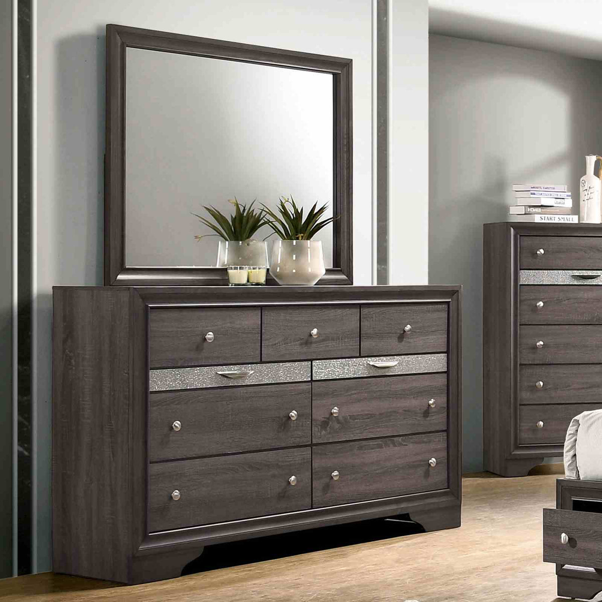 Chrissy Gray dresser and mirror, silver accent drawers, front view