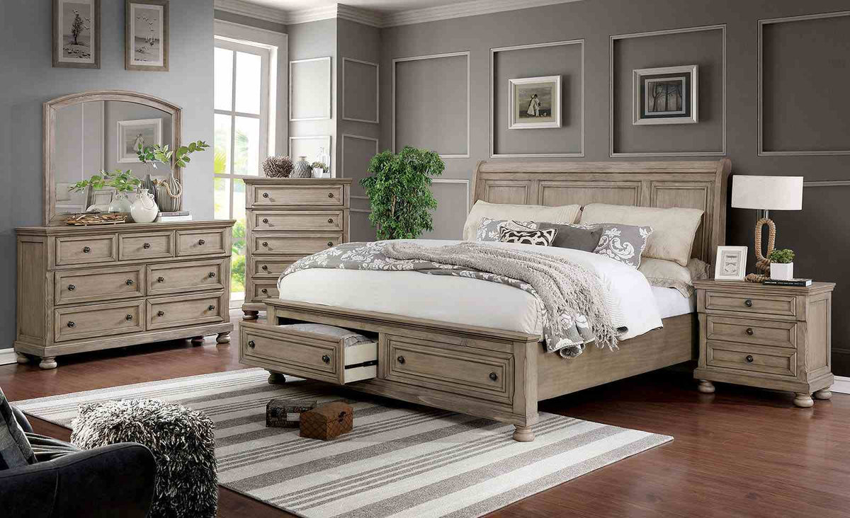 Wells Gray bedroom set with nightstand, dresser and mirror, weathered gray finish