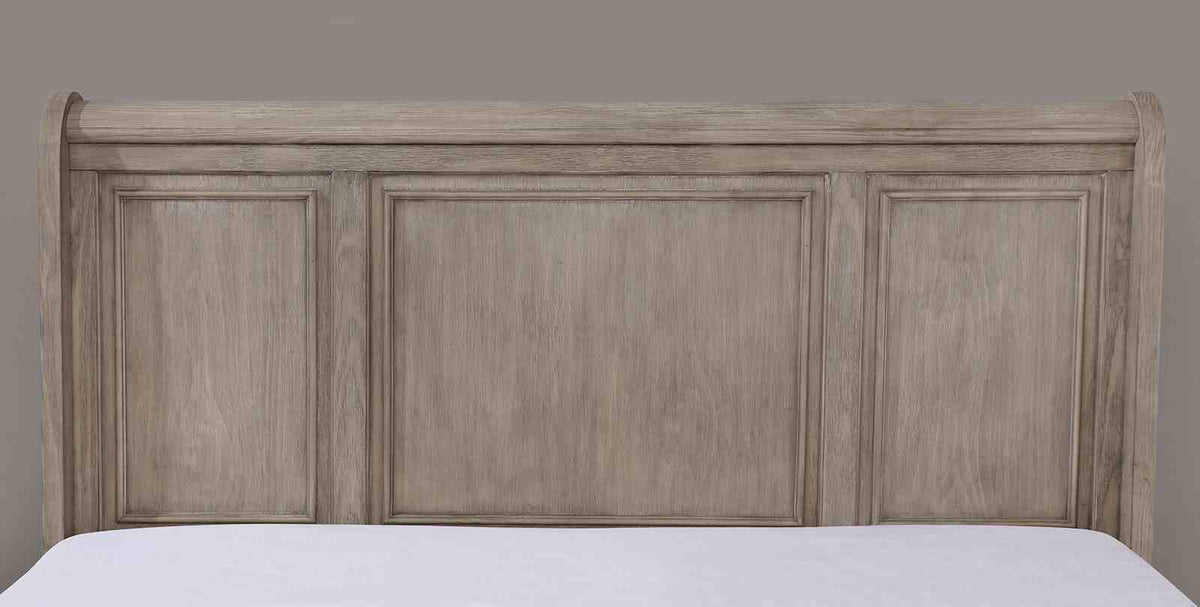 Wells Gray Queen Bed, paneled sleigh headboard, weathered gray finish, front view