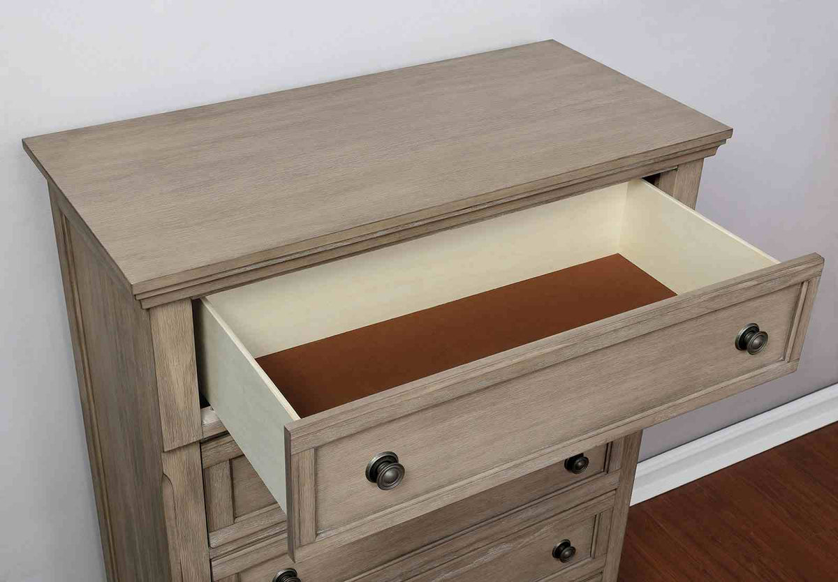 Wells Gray nightstand, open drawer, gray finish, brass-toned round knob
