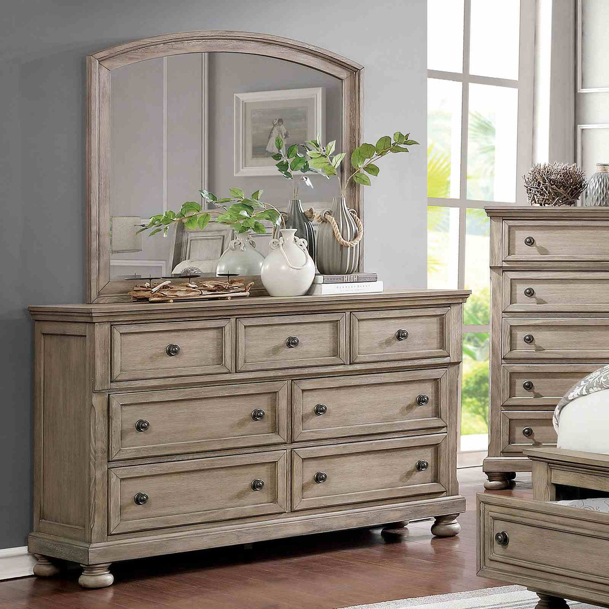 Wells Gray dresser with mirror, weathered gray finish, six-drawer front view