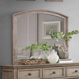 Wells Gray mirror, arched wood frame, gray finish, dresser top styling