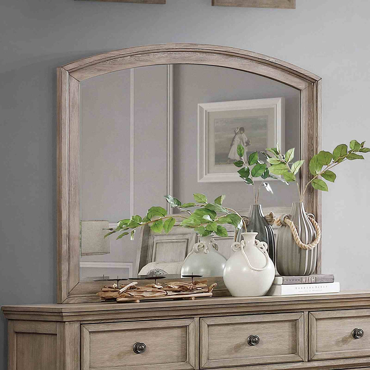Wells Gray mirror, arched frame, weathered gray finish, close-up view
