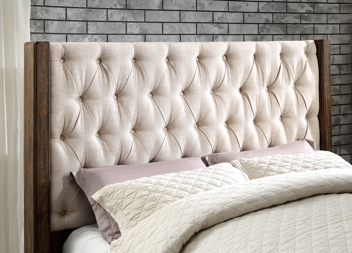 Hutchinson Rustic Natural Tone/Beige Upholstered Tufted King Bed from Furniture of America - Luna Furniture