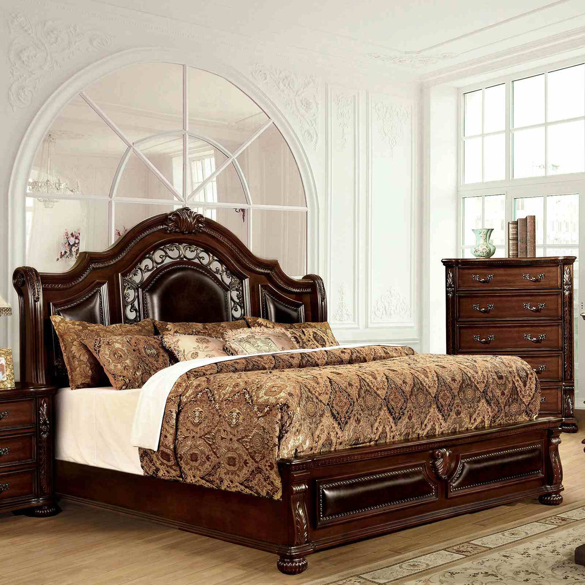Flandreau Brown queen bed, carved brown cherry frame and upholstered headboard, left-front view