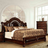 Flandreau Brown queen bed, carved brown cherry frame and upholstered headboard, left-front view