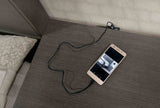 Camryn Warm nightstand, three drawers with chrome pulls and USB charger, bedside close-up