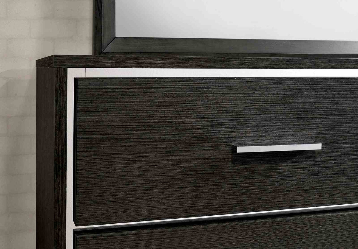 Camryn Warm dresser drawer detail, warm gray finish with chrome pull and trim, close-up