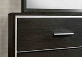 Camryn Warm dresser drawer detail, warm gray finish with chrome pull and trim, close-up