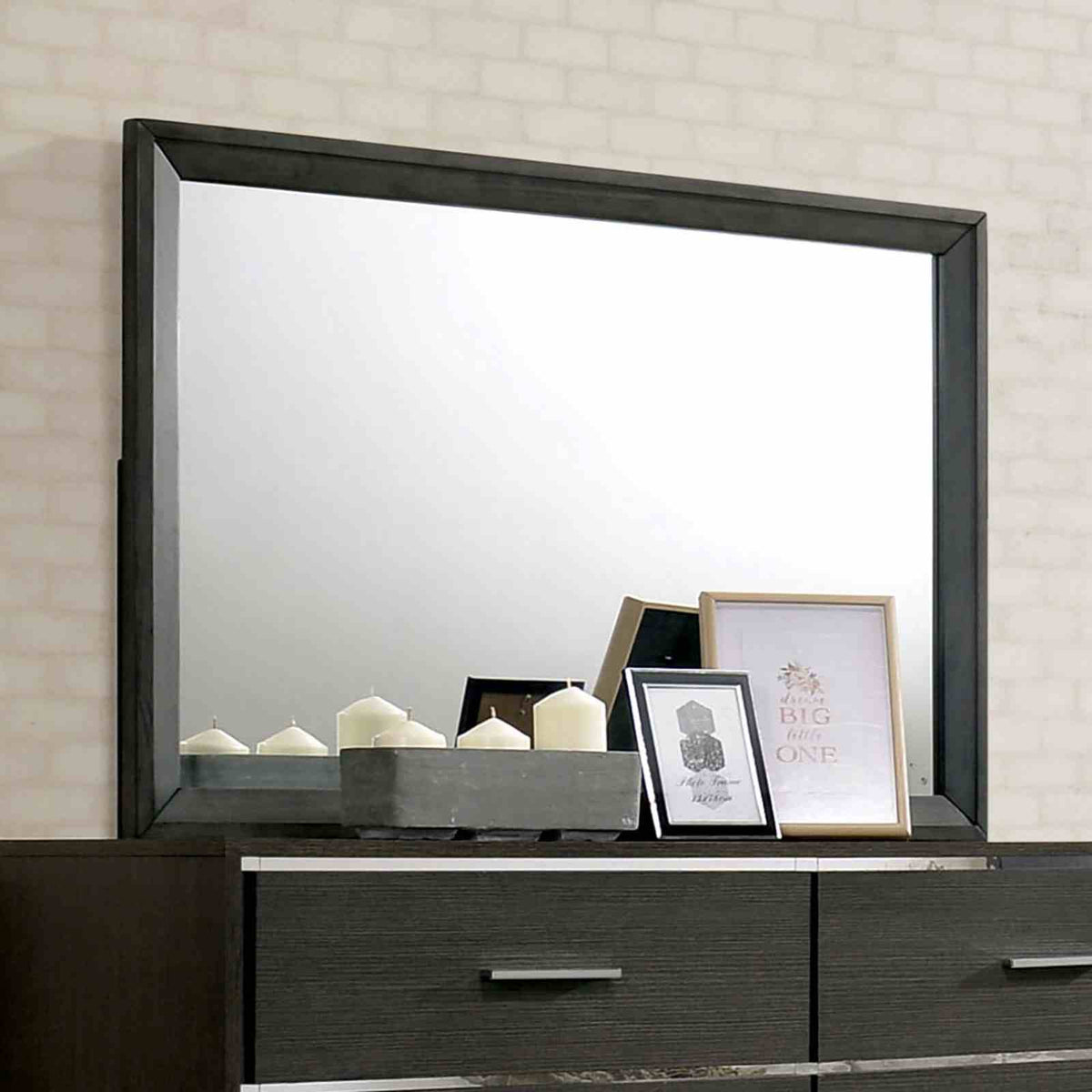 Camryn Warm mirror and dresser detail, framed mirror above eight-drawer dresser, front view