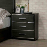 Camryn Warm nightstand, three drawers with chrome trim and USB charging, front view