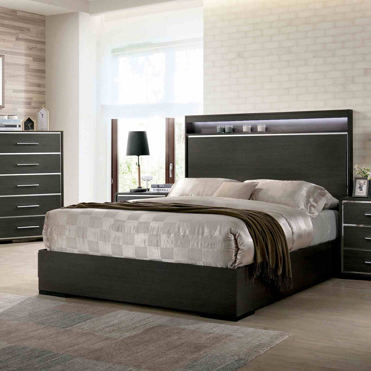 Camryn Warm Queen Bed, warm gray panel headboard with LED shelf, three-quarter view