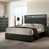 Camryn Warm Queen Bed, warm gray panel headboard with LED shelf, three-quarter view