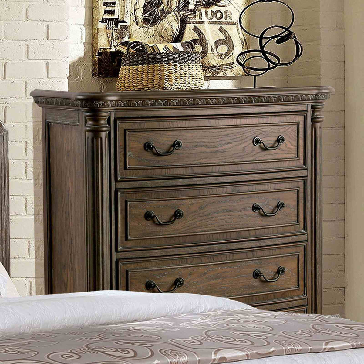 Lysandra Rustic chest, rustic brown finish with four drawers and antique pulls