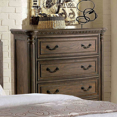 Persephone Rustic chest, carved crown and bronze pulls, front view