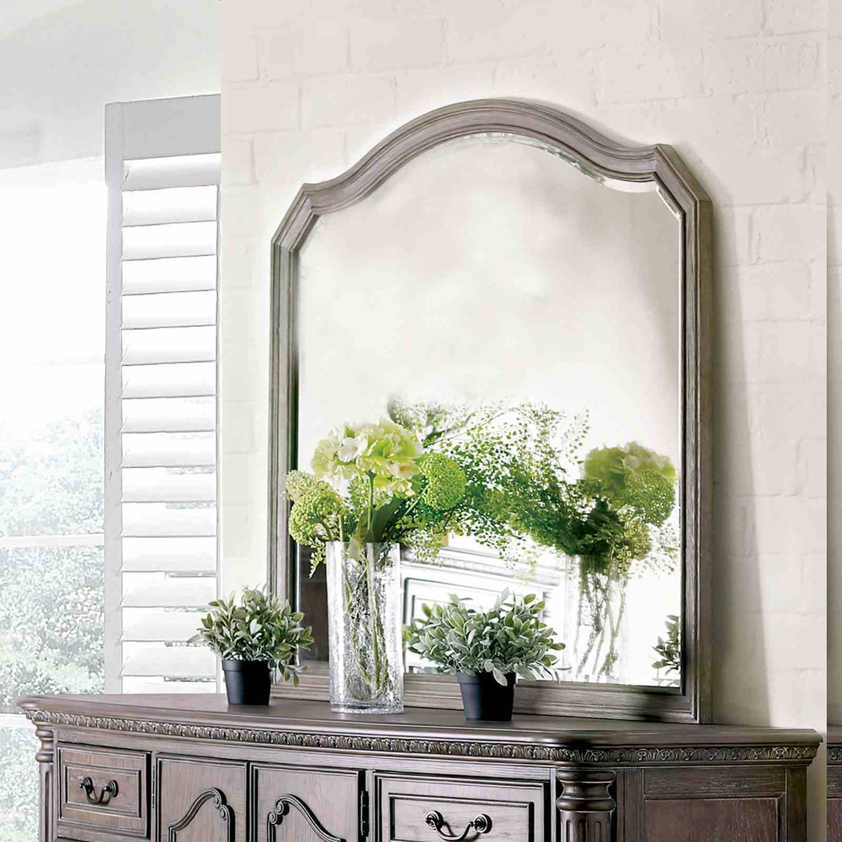 Lysandra Rustic mirror, shaped wood frame with rustic brown finish and floral decor