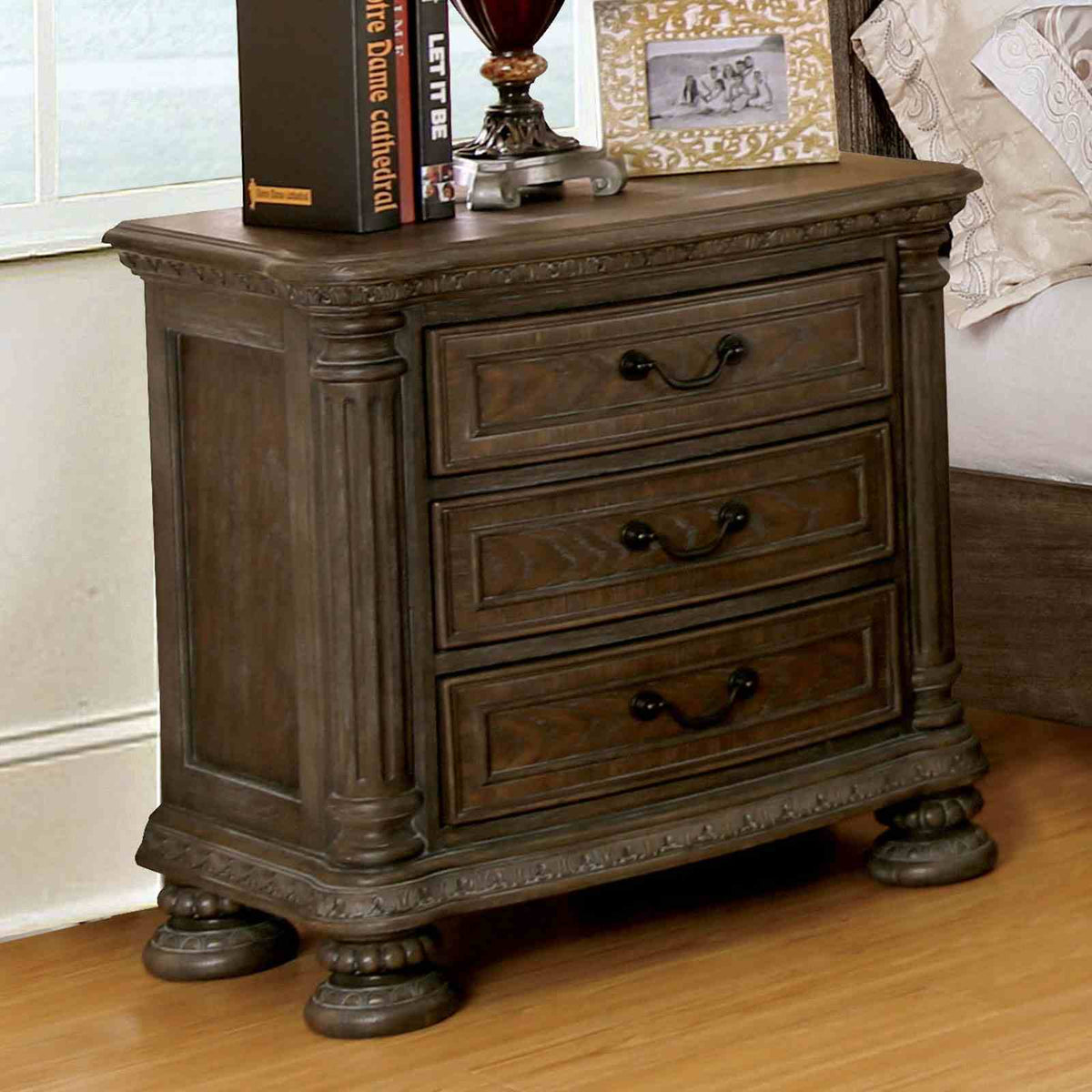 Lysandra Rustic nightstand, rustic natural tone with three drawers and antique pulls