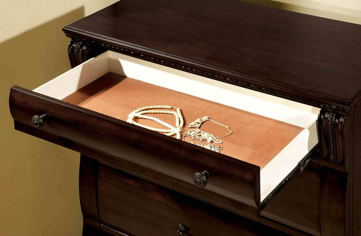 Burleigh Cherry Chest drawer, felt-lined interior and decorative wood finish, close-up
