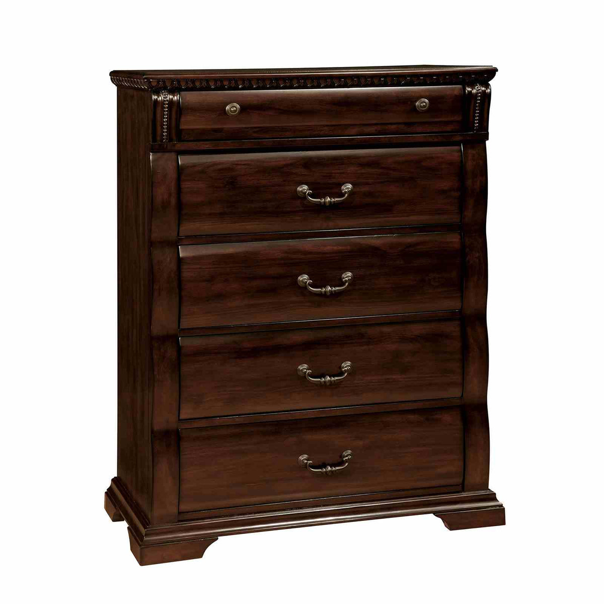 Burleigh Cherry Chest, five drawers and ornate trim, white background