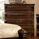 Burleigh Cherry Chest, tall five-drawer design with ornate pulls, bedroom view