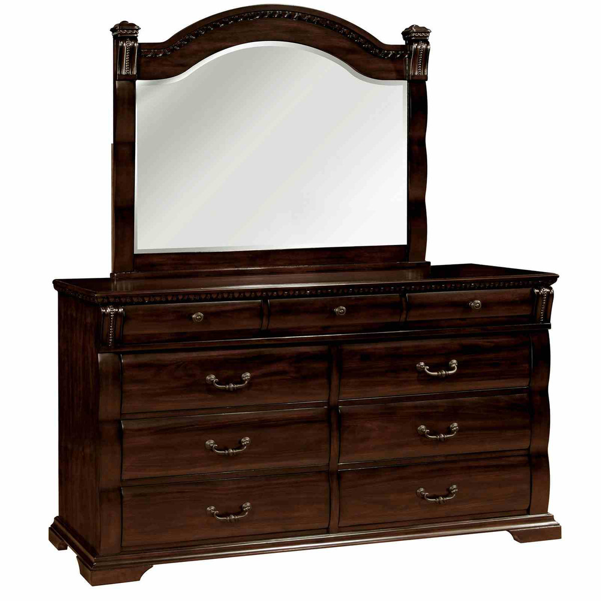 Burleigh Cherry Dresser, wide drawer storage and ornate trim, white background
