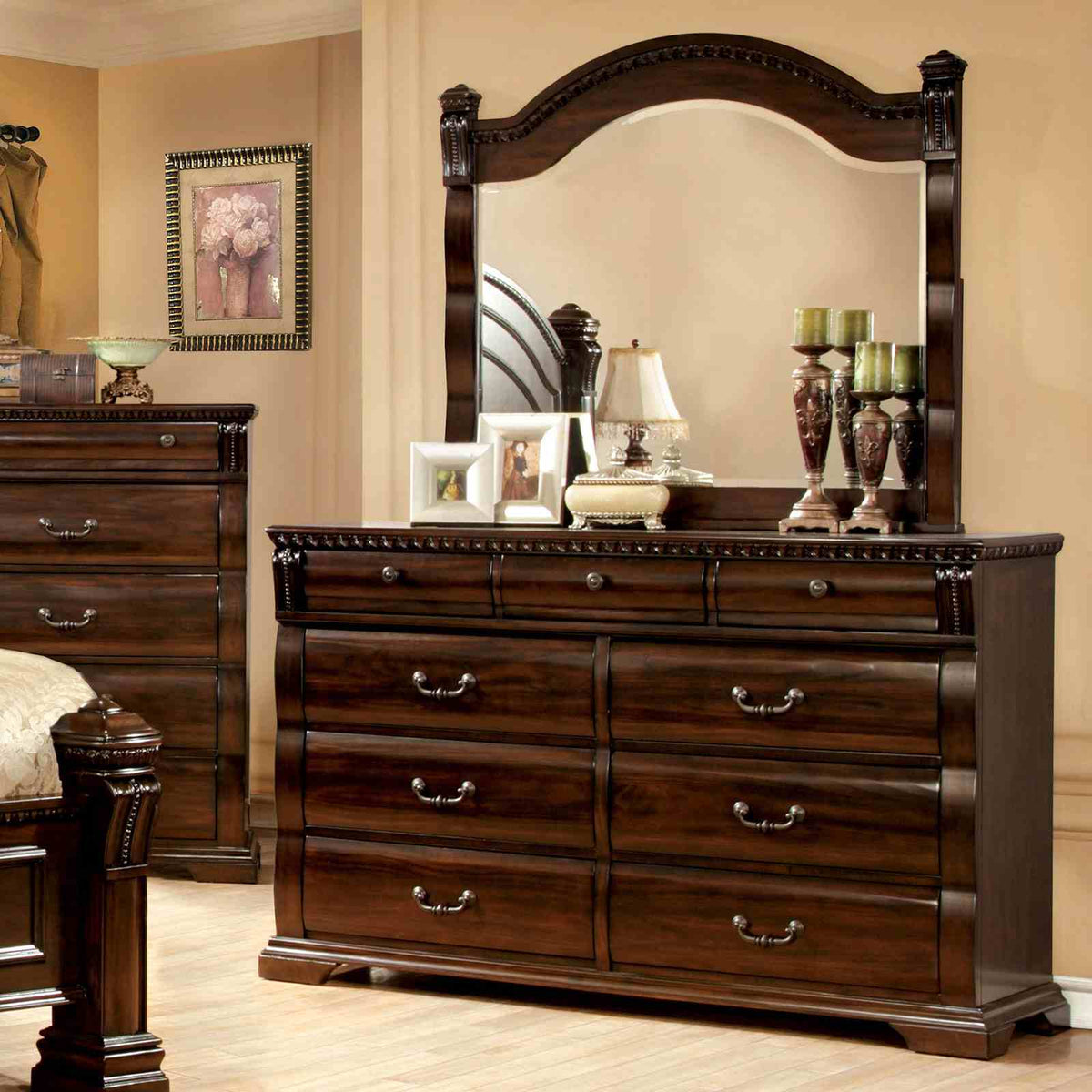 Burleigh Cherry Dresser, eight drawers with ornate pulls, bedroom view