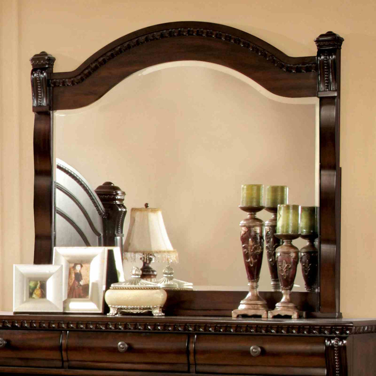 Burleigh Cherry mirror, arched crown and beveled frame details, front view