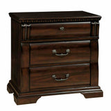 Burleigh Cherry Nightstand, three drawers and ornate pulls, white background