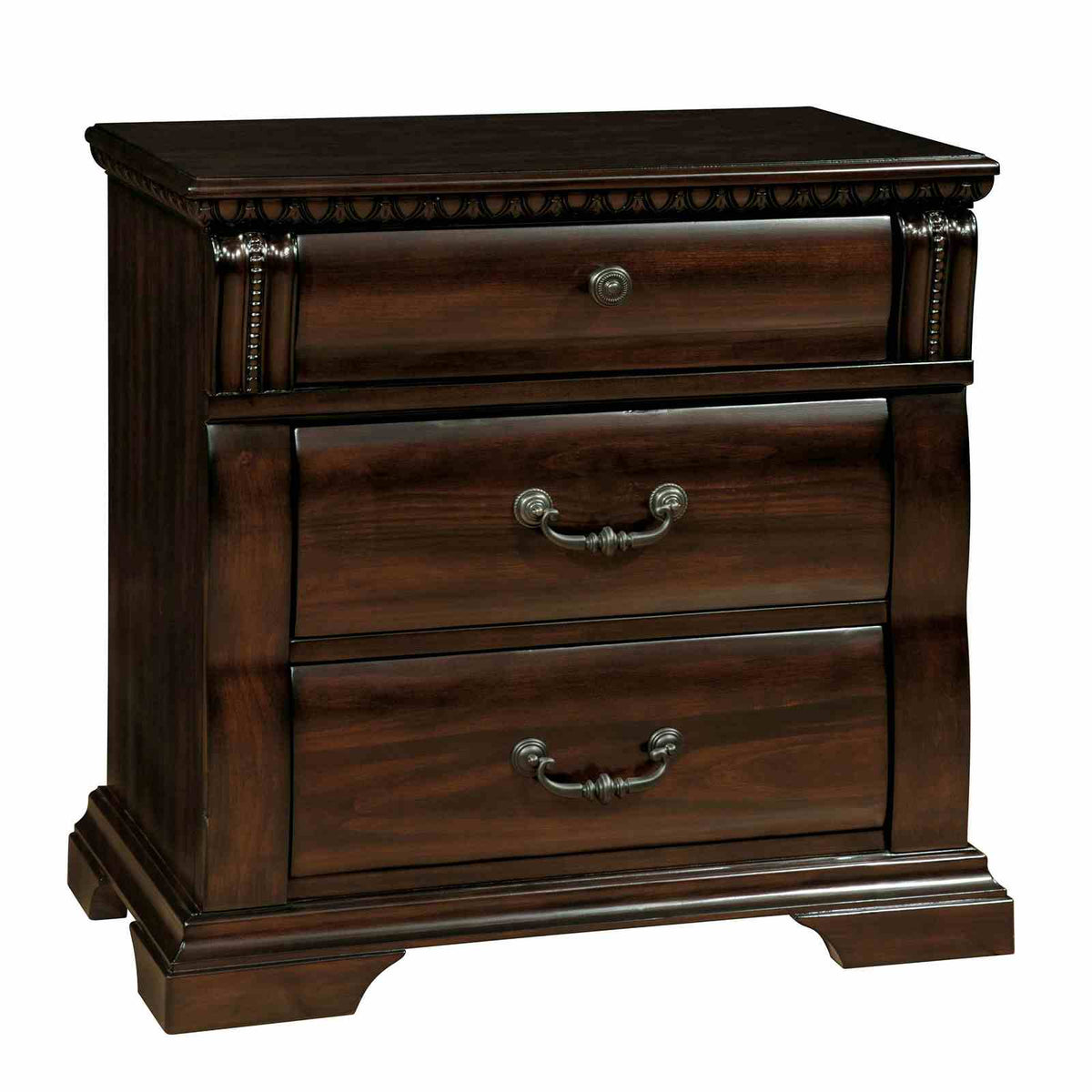 Burleigh Cherry nightstand, decorative top trim and three drawers, close front view