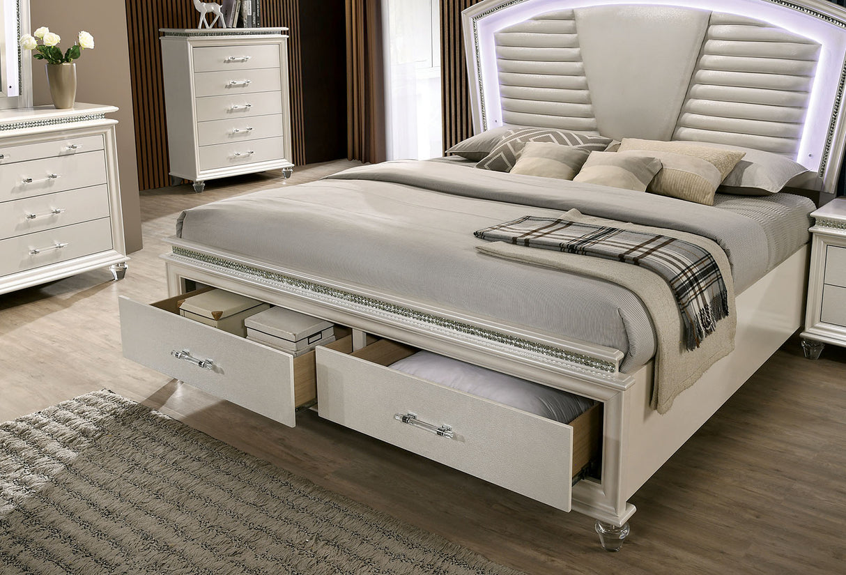 Maddie Pearl White/White LED King Storage Platform Bed from Furniture of America - Luna Furniture
