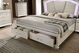 Maddie Pearl White California King Bed, storage drawers open, LED headboard, front angle