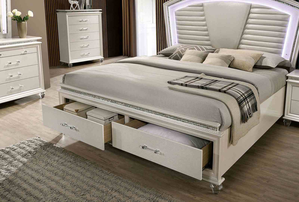 Maddie Pearl queen bed, open footboard storage drawers, upholstered headboard, front angle
