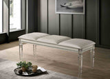 Maddie Pearl accent bench, pearl white upholstery and clear acrylic legs, front three-quarter view