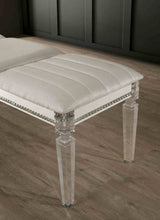 Maddie Pearl bench, quilted pearl white seat and clear acrylic legs, close-up detail