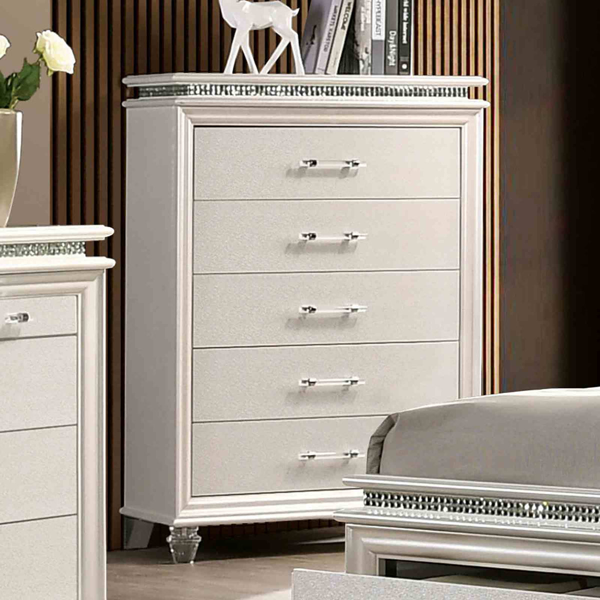 Maddie Pearl dresser, pearl white finish with arched LED mirror, front view