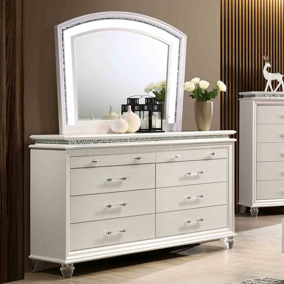 Maddie Pearl dresser, six drawers with acrylic pulls and crystal-accent top
