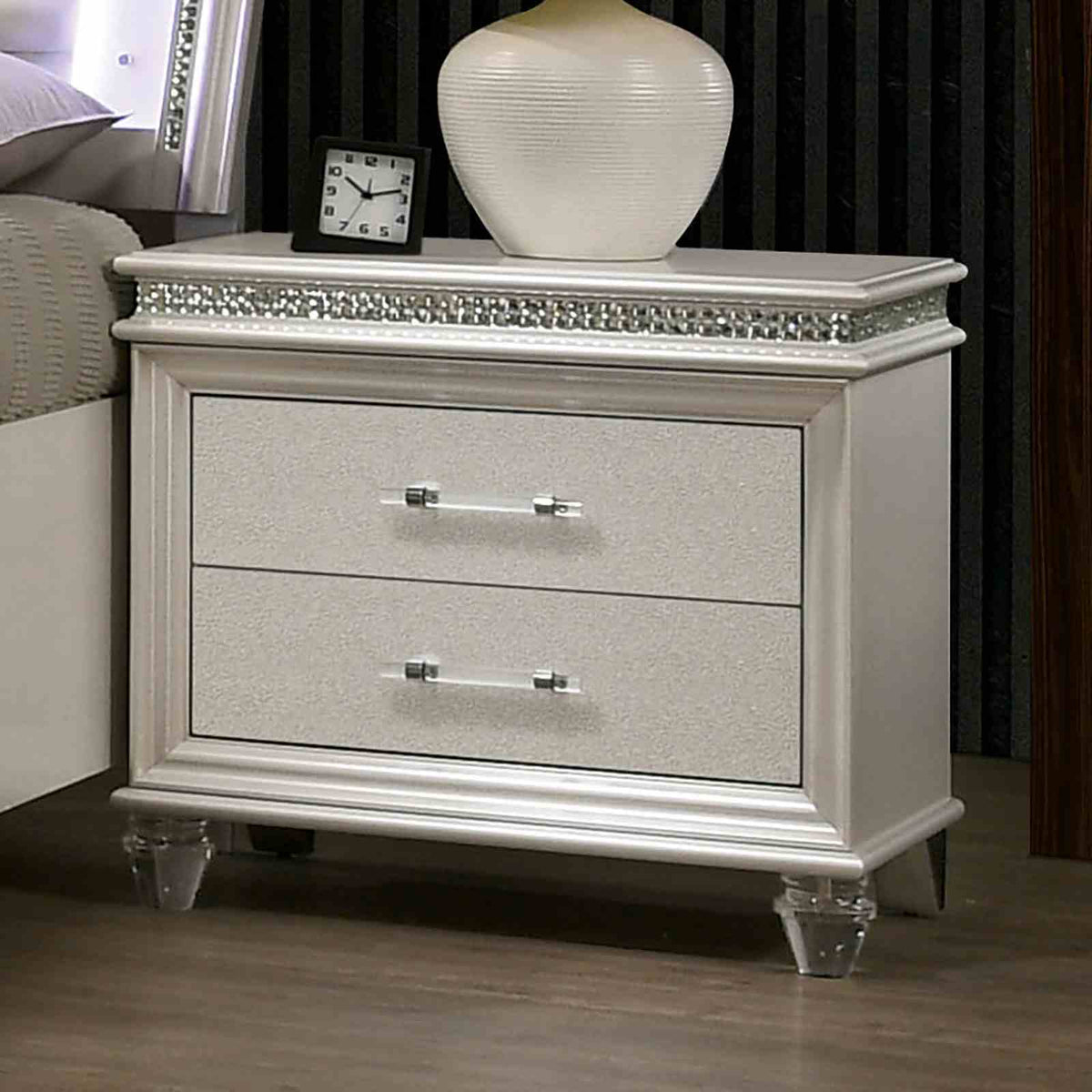 Maddie Pearl dresser with LED mirror, pearl white finish and crystal-accent top