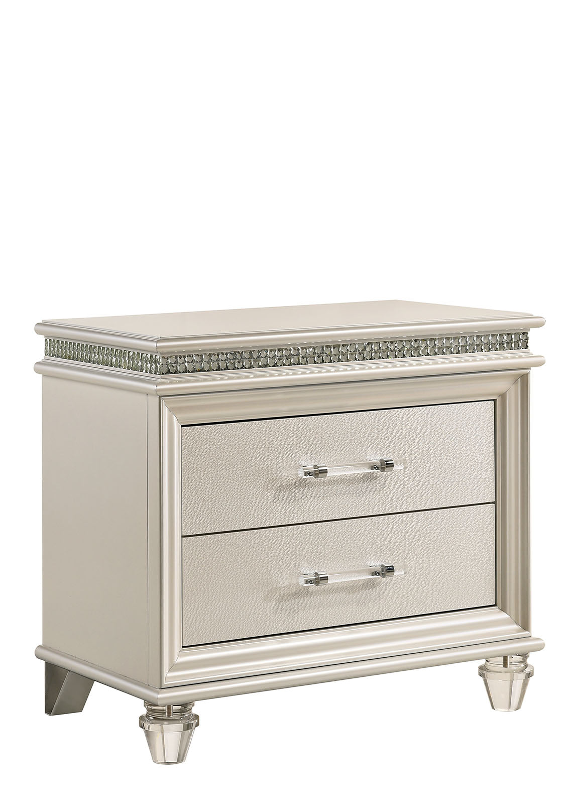 Maddie Pearl nightstand, pearl white two-drawer design with acrylic feet