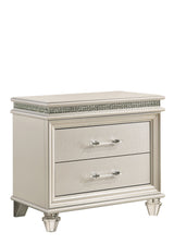 Maddie Pearl nightstand, pearl white two-drawer design with acrylic feet