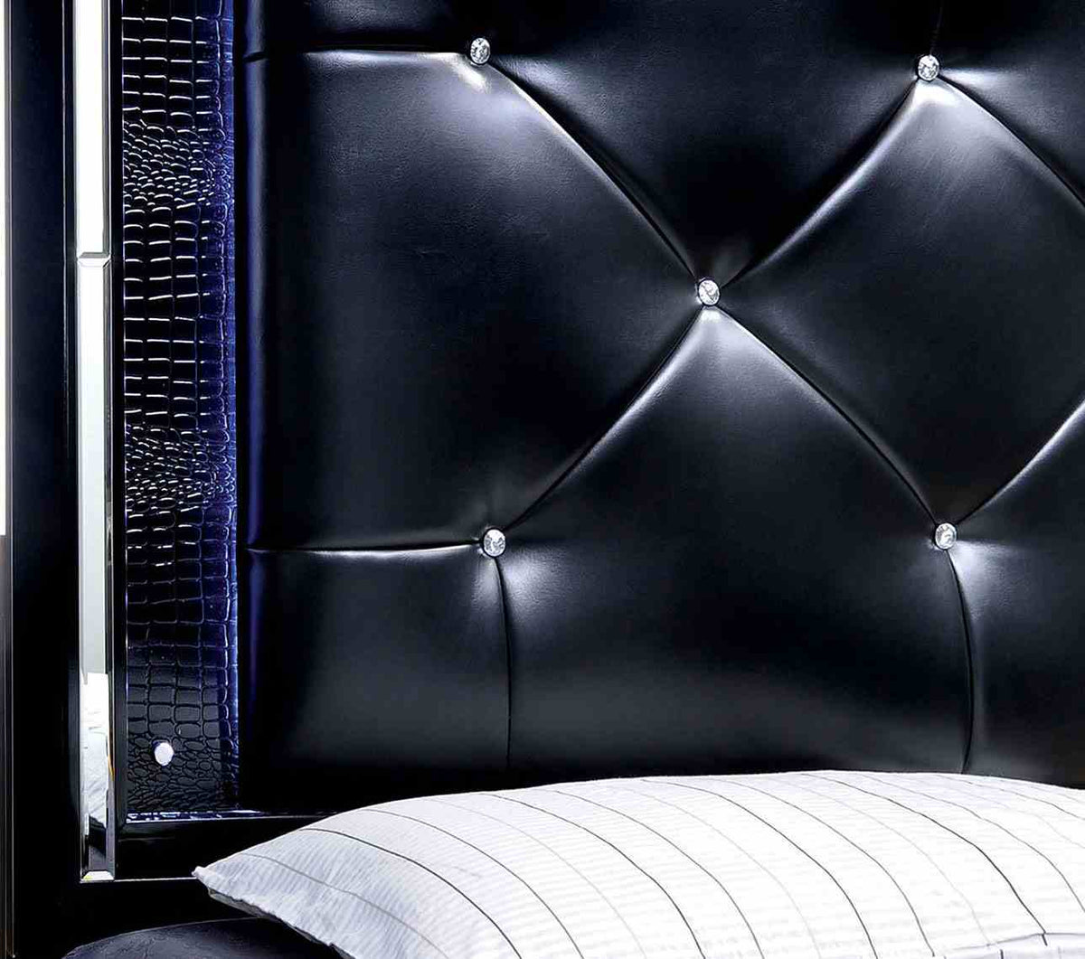 Bellanova Black headboard, tufted leatherette with crocodile trim and crystal buttons, close-up