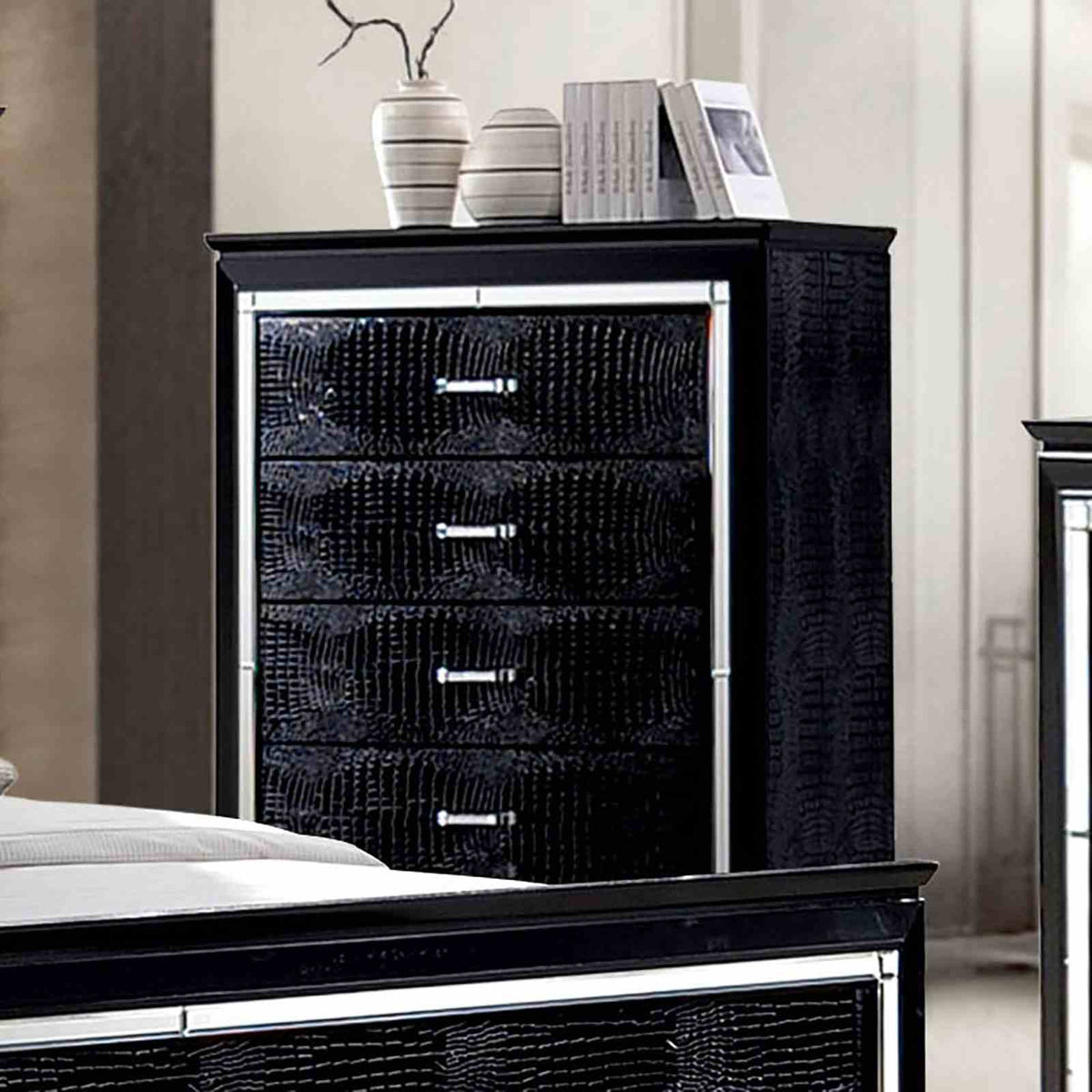Bellanova Black chest, four drawers with chrome trim and bar pulls