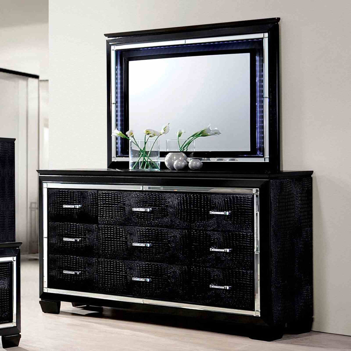 Bellanova Black dresser with mirror, crocodile-textured drawers and LED frame