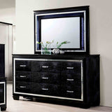 Bellanova Black dresser and mirror, crocodile-textured fronts and LED-lit frame, three-quarter view