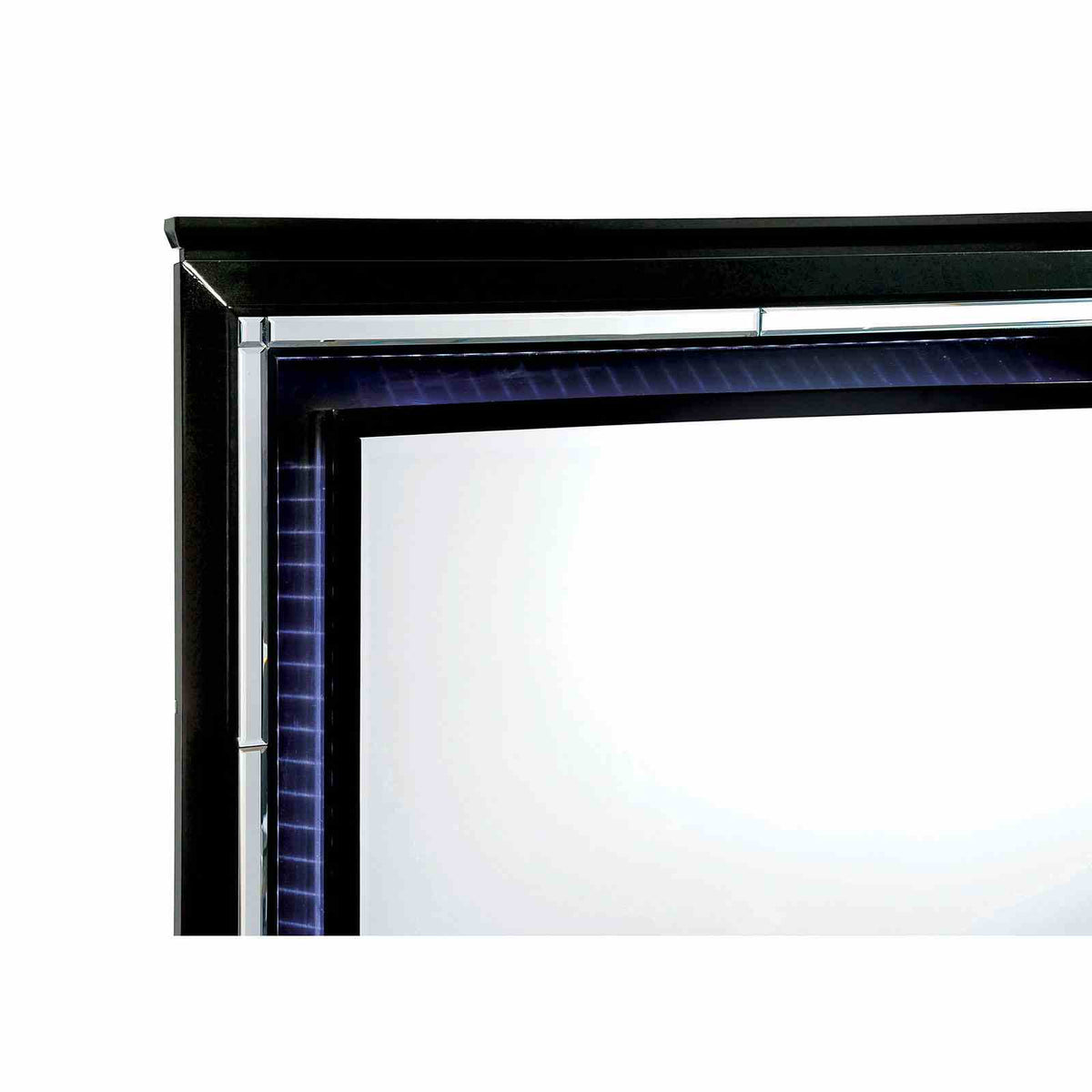 Bellanova Black headboard, button-tufted leatherette with LED-lit trim close-up