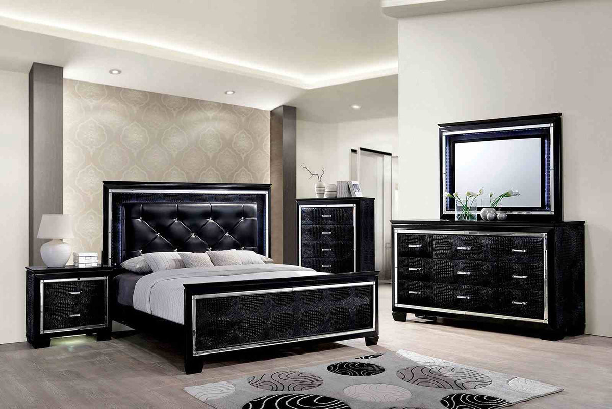 Bellanova Black 4-piece queen bedroom set, full room view with LED mirror and dresser