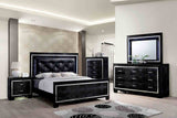 Bellanova Black 4-piece queen bedroom set, full room view with LED mirror and dresser
