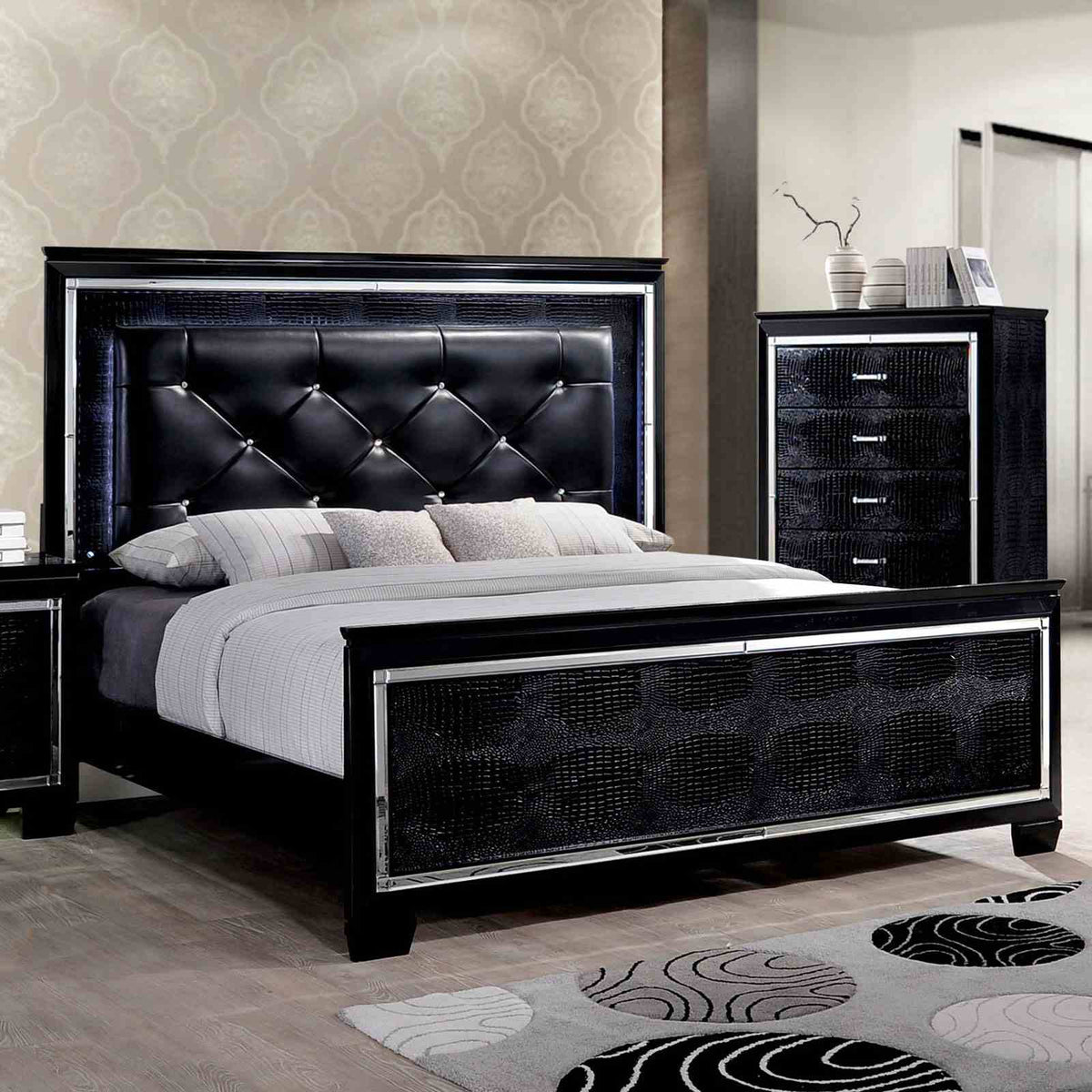 Bellanova Black queen bed and nightstand, tufted headboard, crocodile finish, three-quarter view