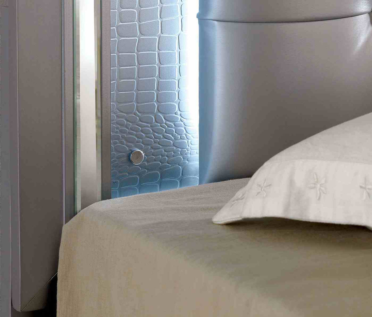 Bellanova Silver queen bed, LED-lit crocodile-textured headboard detail, side close-up