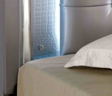 Bellanova Silver queen bed, LED-lit crocodile-textured headboard detail, side close-up