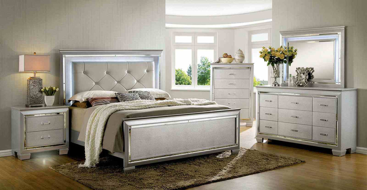 Bellanova Silver 4 Pc Queen Bedroom Set, full ensemble with illuminated headboard and mirror, lifestyle view